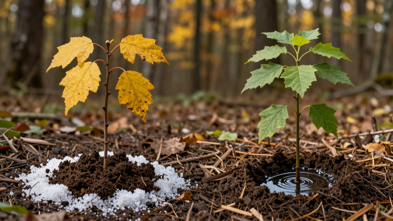 Два саженца: один здоровый в правильной почве, другой больной — рядом с навозом и солями.