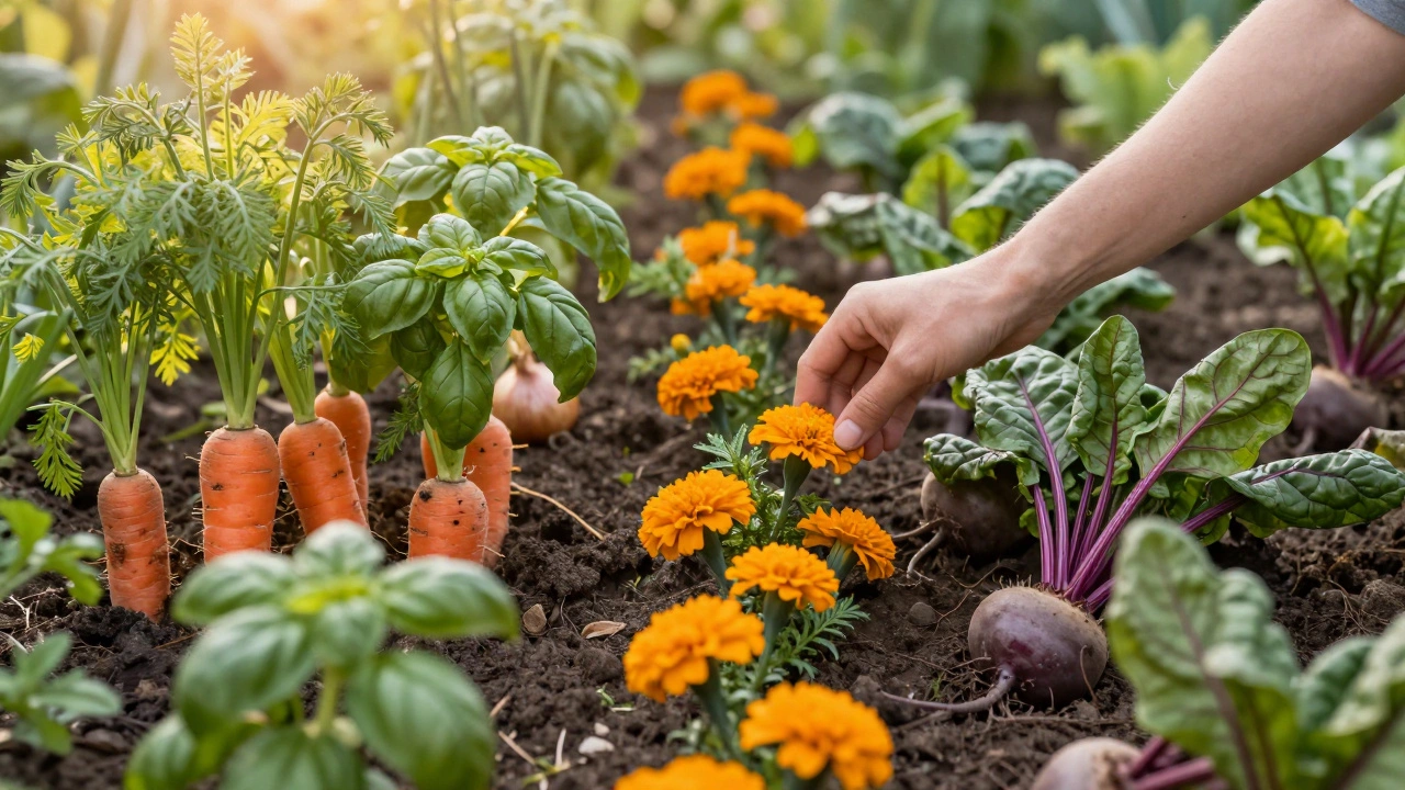 Грядка разделена: слева здоровые растения, справа угнетённые, по краю — бархатцы как защита.