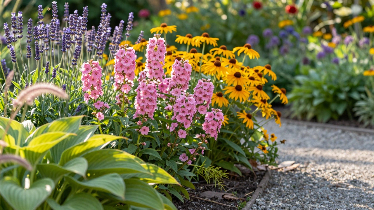 Летняя клумба с флоксами, рудбекией и лавандой среди зелёных хост.