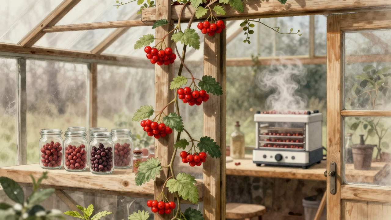Лиана лимонника с красными ягодами в теплице, сушёные ягоды в стеклянных банках на полке.