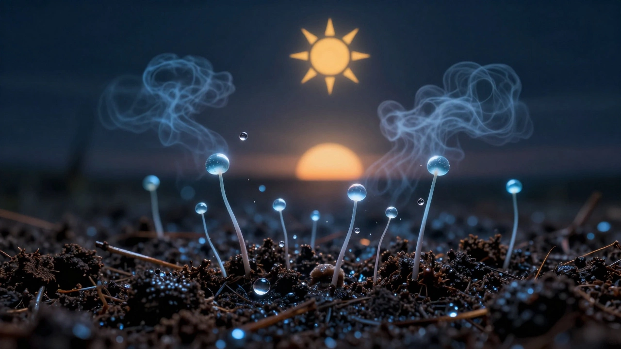 Микроскопический вид влажной почвы ночью с видимыми грибковыми спорами, над которой восходит солнце.