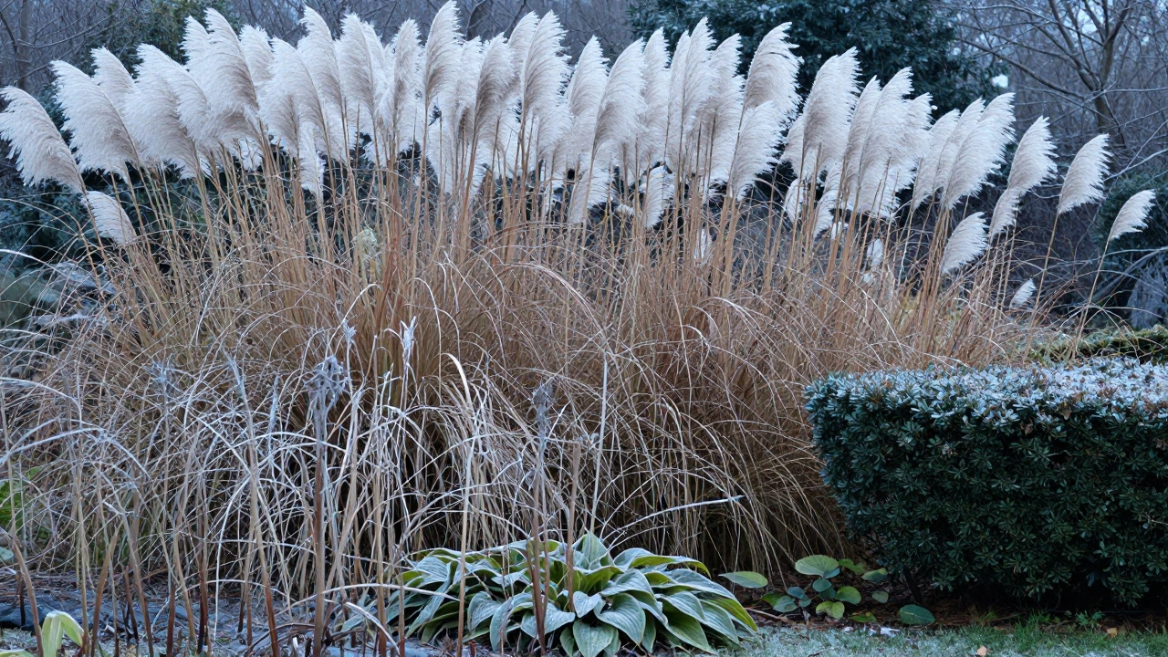 Осенний сад: декоративные злаки под снегом и обрезанные до земли хосты, контраст защитной и вредной обрезки.