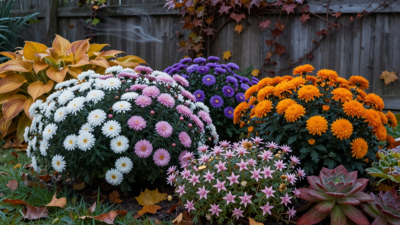 Осенний сад с астрами, хризантемами и седумом на фоне золотистой листвы.