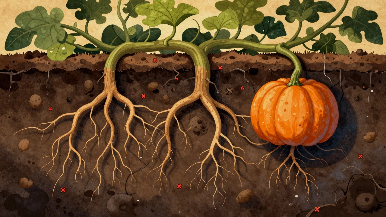 Подземная борьба тыквы и картофеля: корни переплетены, почва истощена, грибок распространяется.
