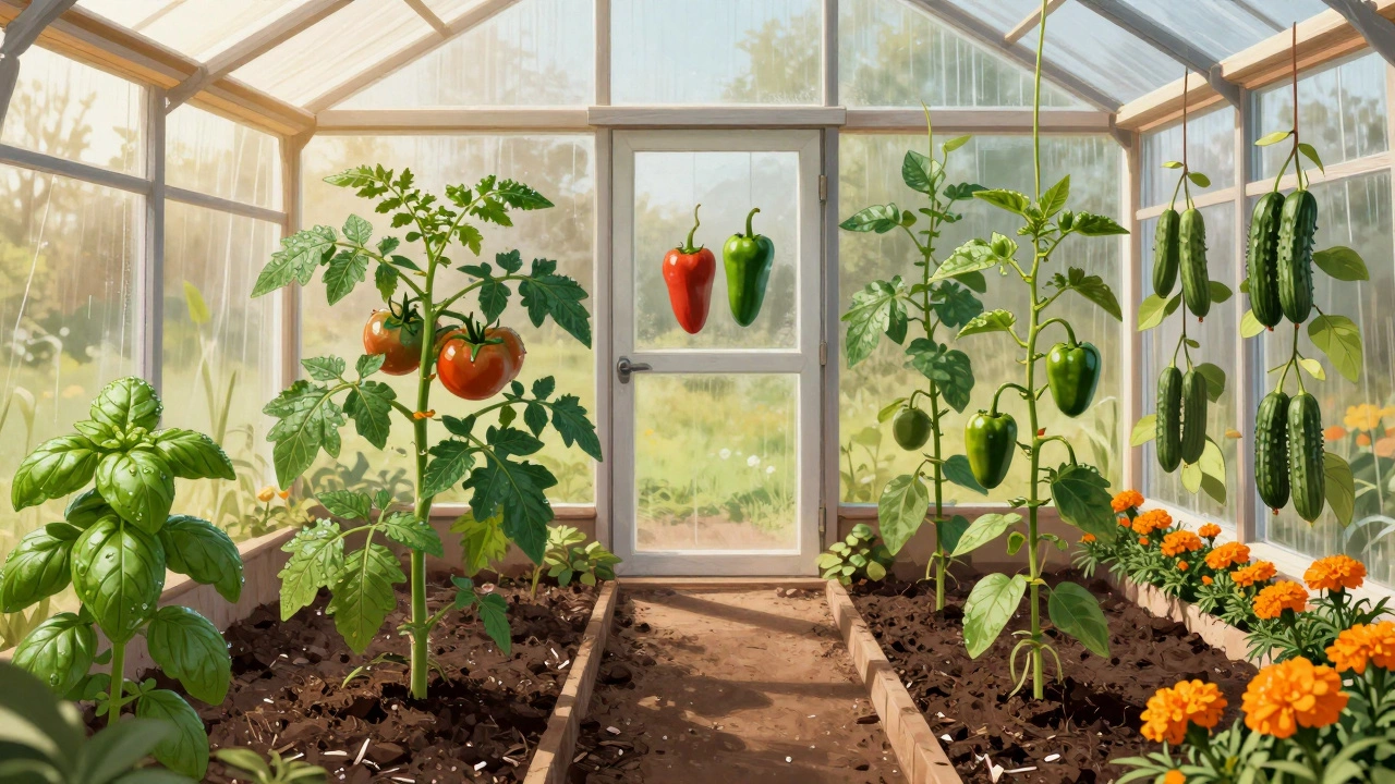 Помидоры, перец и огурцы в теплице с базиликом и бархатцами, оптимальное расстояние между растениями.