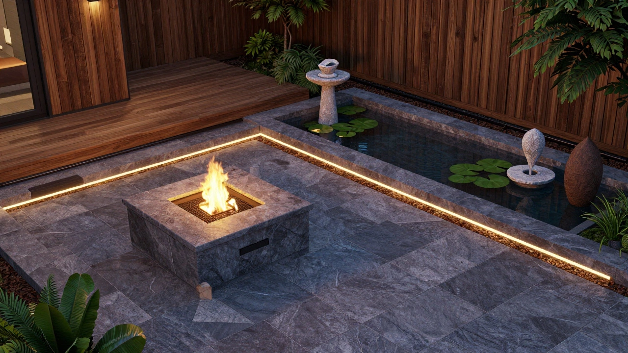 Премиум-ландшафт с террасой, прудом и подсветкой в тёплом вечернем свете.