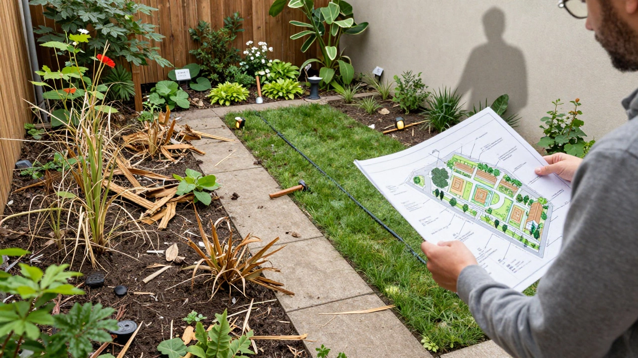 Разделённая сцена: хаотичный сад слева, профессиональный дизайн справа.