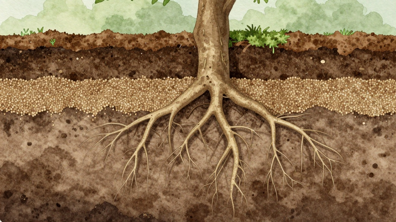 Разрез почвы с корнями дерева, проходящими через слои компоста и медленно высвобождающихся удобрений.