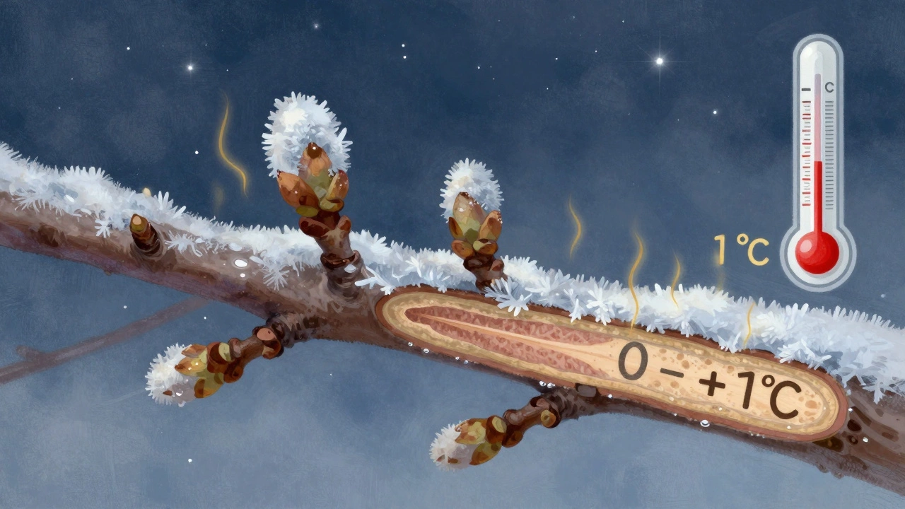 Разрез ветки фруктового дерева: лёд снаружи защищает живые почки внутри, тепло выделяется при замерзании воды.