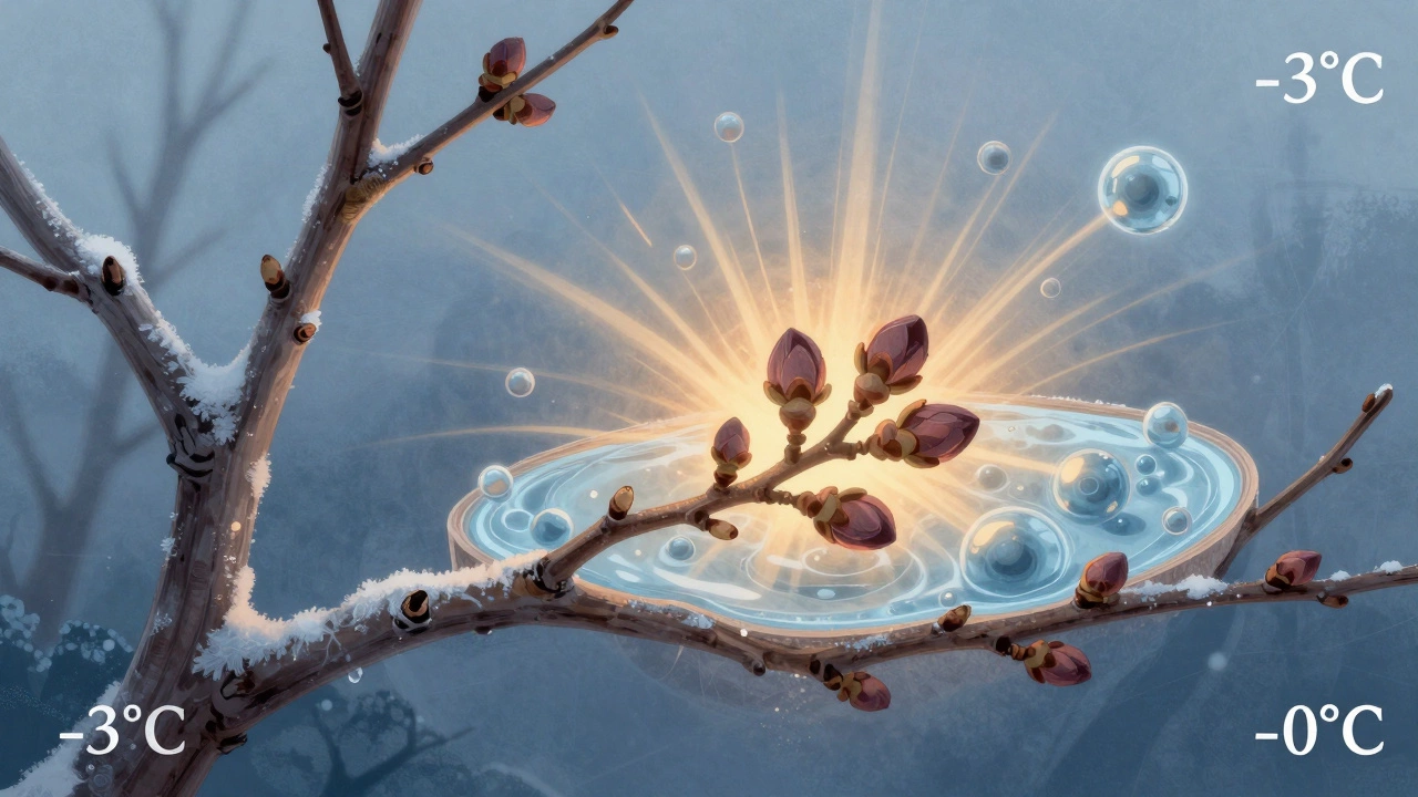 Разрез ветки фруктового дерева с тонким слоем льда и выделением тепла при замерзании воды вокруг цветочных почек.