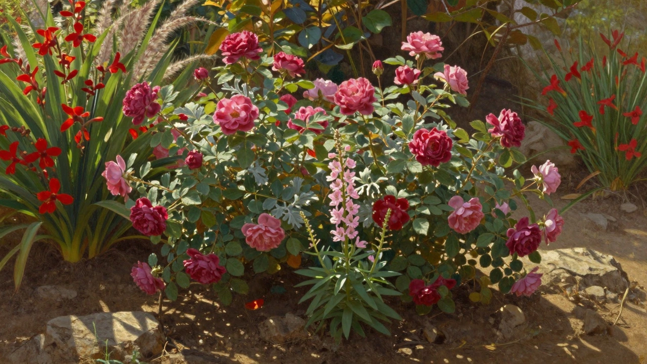 Розы собаки и кровохлебка растут на сухой каменистой почве в жарком саду.