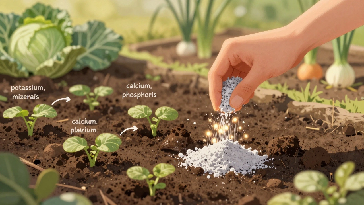 Рука посыпает золу на борозды с картофелем, частицы светятся в солнечном свете на влажной почве.