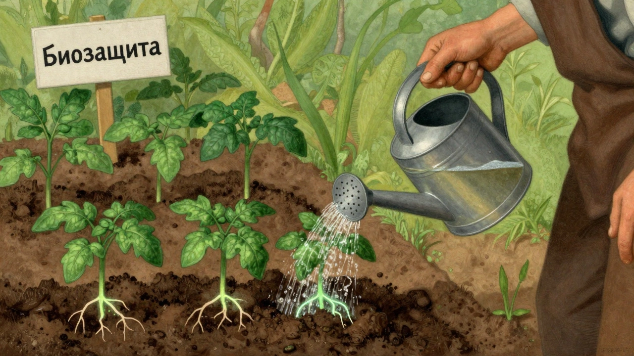 Садовник поливает почву биопрепаратом, корни светятся защитными грибами.