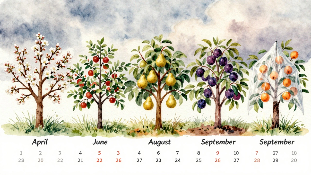 Сезонный цикл фруктовых деревьев в саду: вишня, яблоня, груша, слива и абрикос.