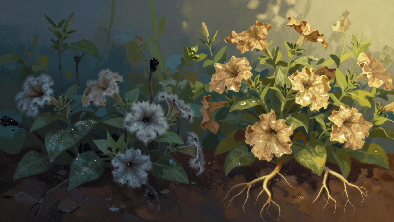 Сравнение вечернего и утреннего полива: слева — плесень и гниль, справа — здоровые цветы под утренним солнцем.