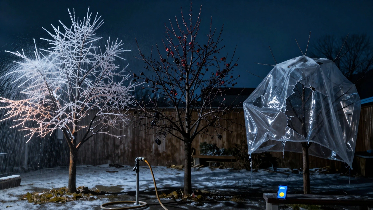 Три дерева: одно с льдом и живыми почками, другое погибло, третье под укрытием — сравнение методов защиты от мороза.