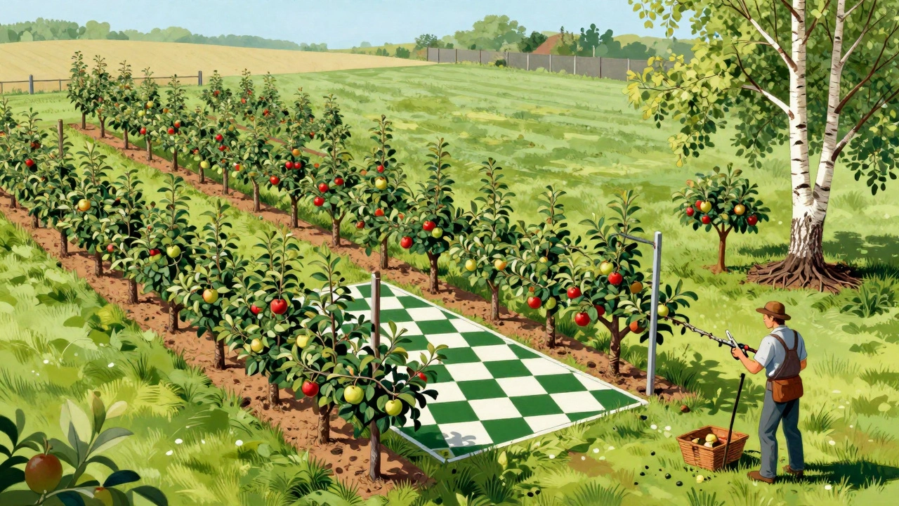 Яблони, посаженные в шахматном порядке, с пожилым садовником, обрезающим ветви, и березой на безопасном расстоянии.