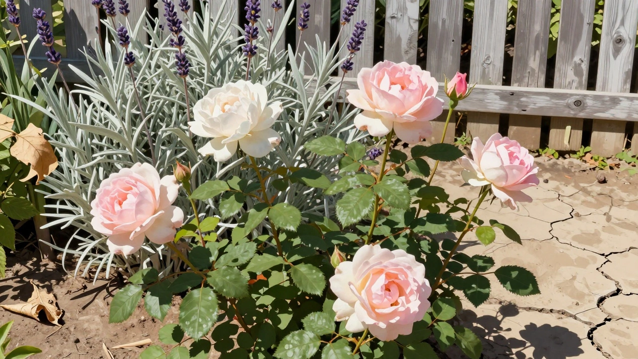 Близкий план цветущих роз и серебристых листьев лаванды под ярким солнцем.