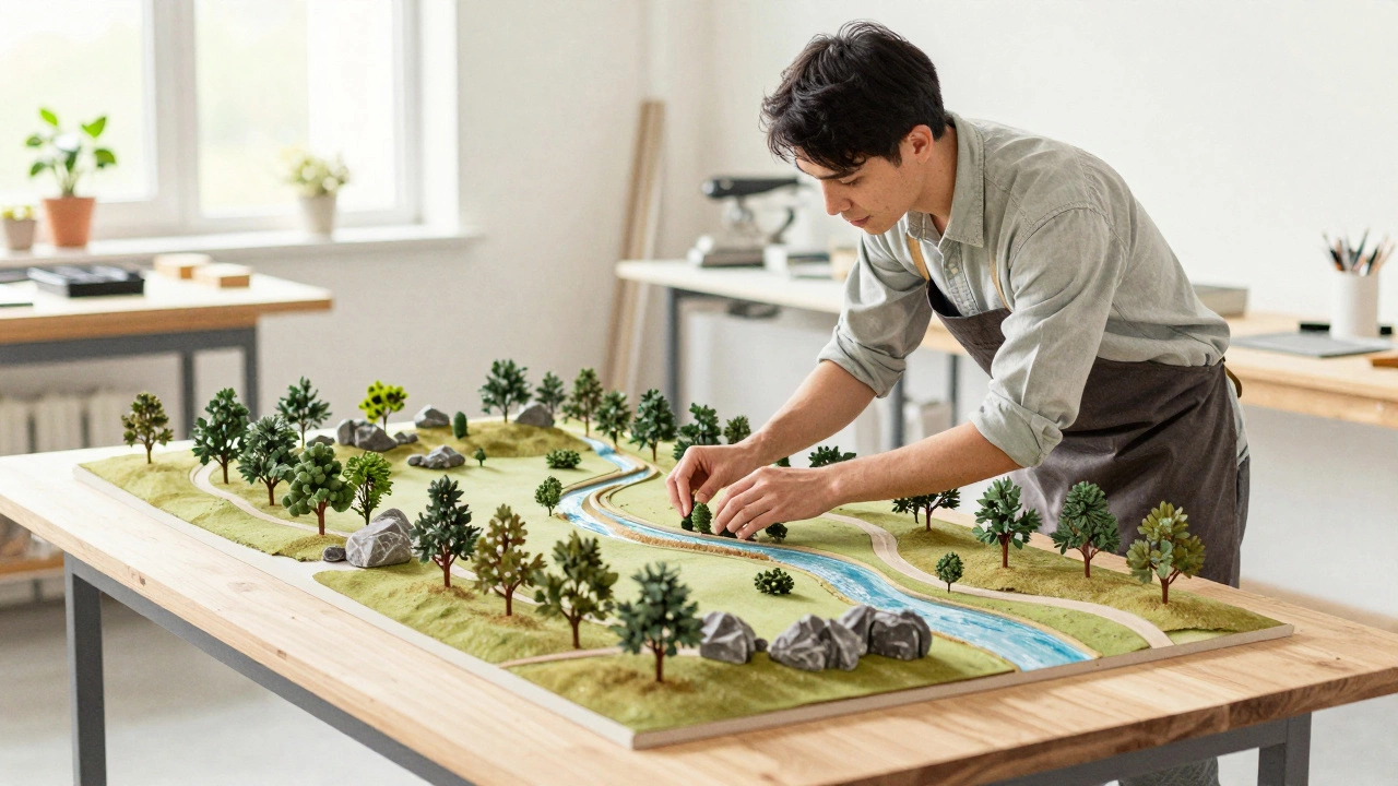Дизайнер настраивает модель рельефа с деревьями и ручьём в студии