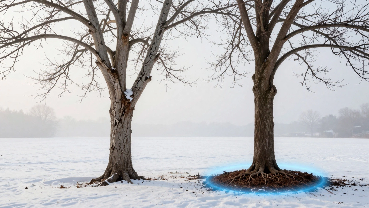 Два дерева: одно с трещинами от сухости, другое — здоровое с влажной мульчей.