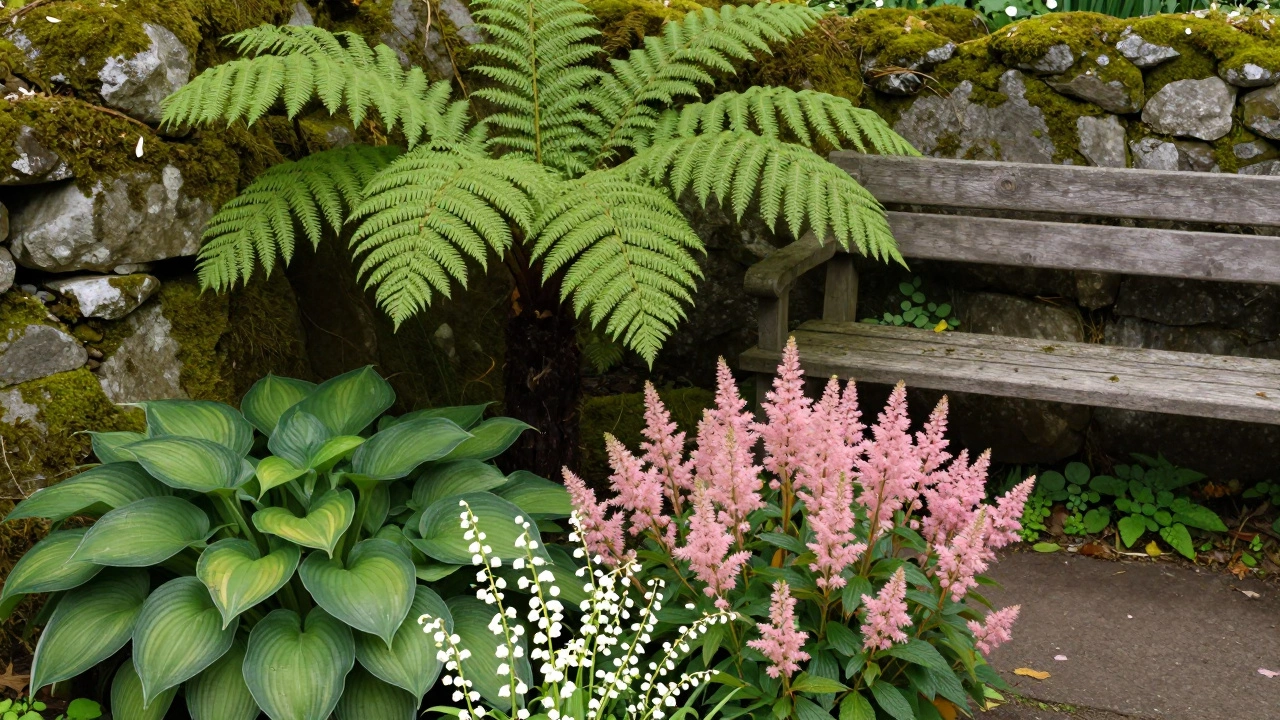 Композиция тенелюбивых растений: папоротник, хоста, купена и астильба в тени деревьев.
