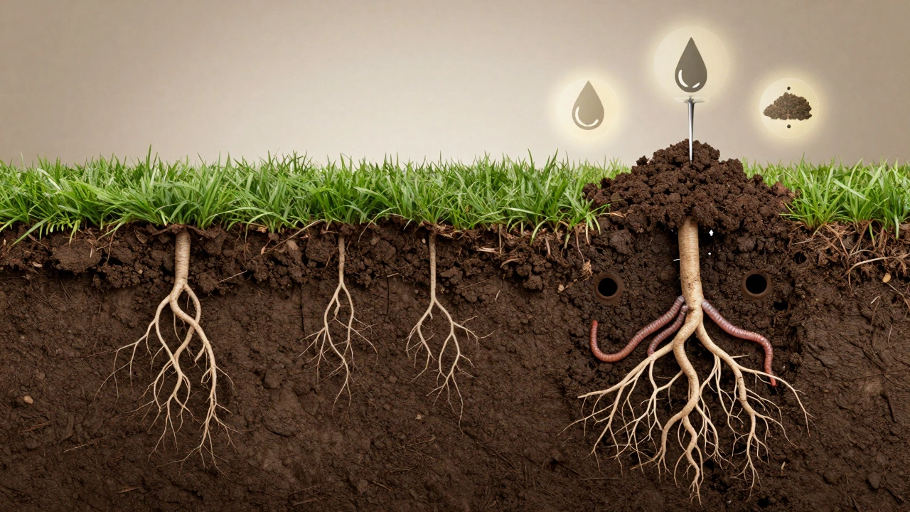 Поперечный разрез почвы: уплотнённая земля с угнетёнными корнями против аэрированной с живыми корнями и воздухом.