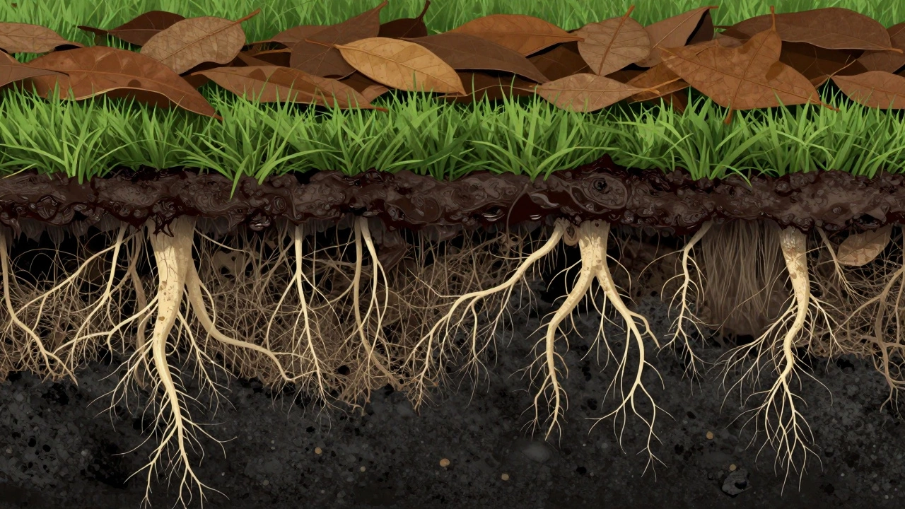 Разрез газона: листья, гнилостная слизь и гниющие корни.