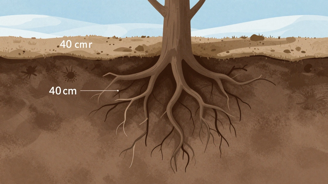 Разрез почвы, показывающий глубокое проникновение влаги к корням дерева.