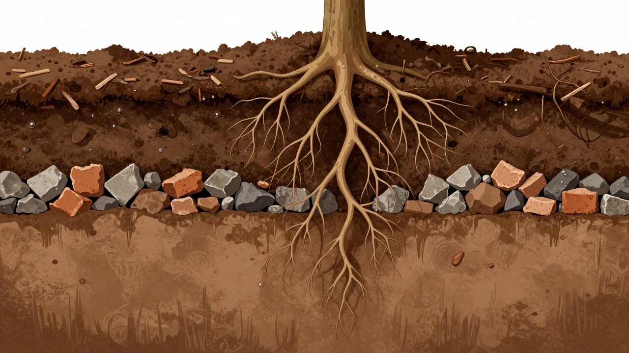 Разрез посадочной ямы: дренаж, плодородная земля с компостом и мульчей.