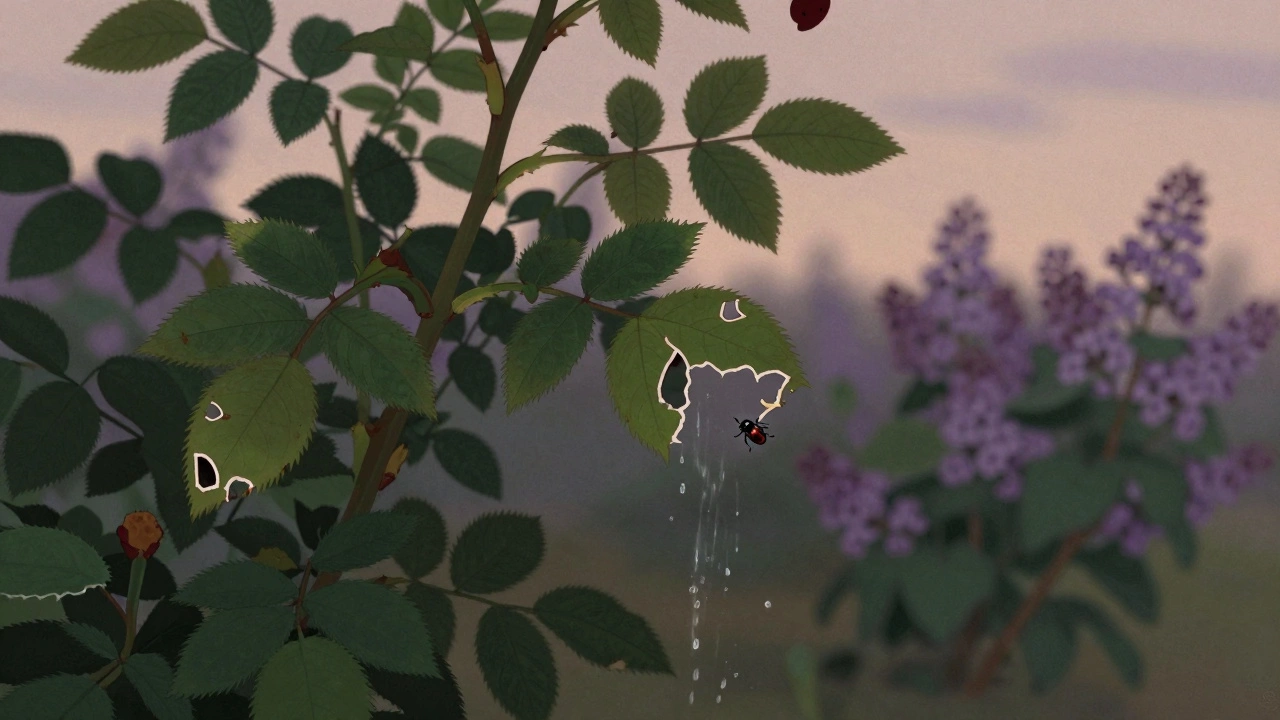 Роза с полумесяцами на краях листьев и жуком-листьедом.