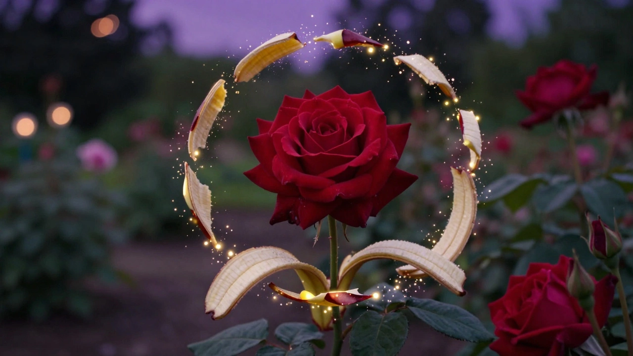 Роза в полном цветении с символическими частицами питательных веществ из бананов.