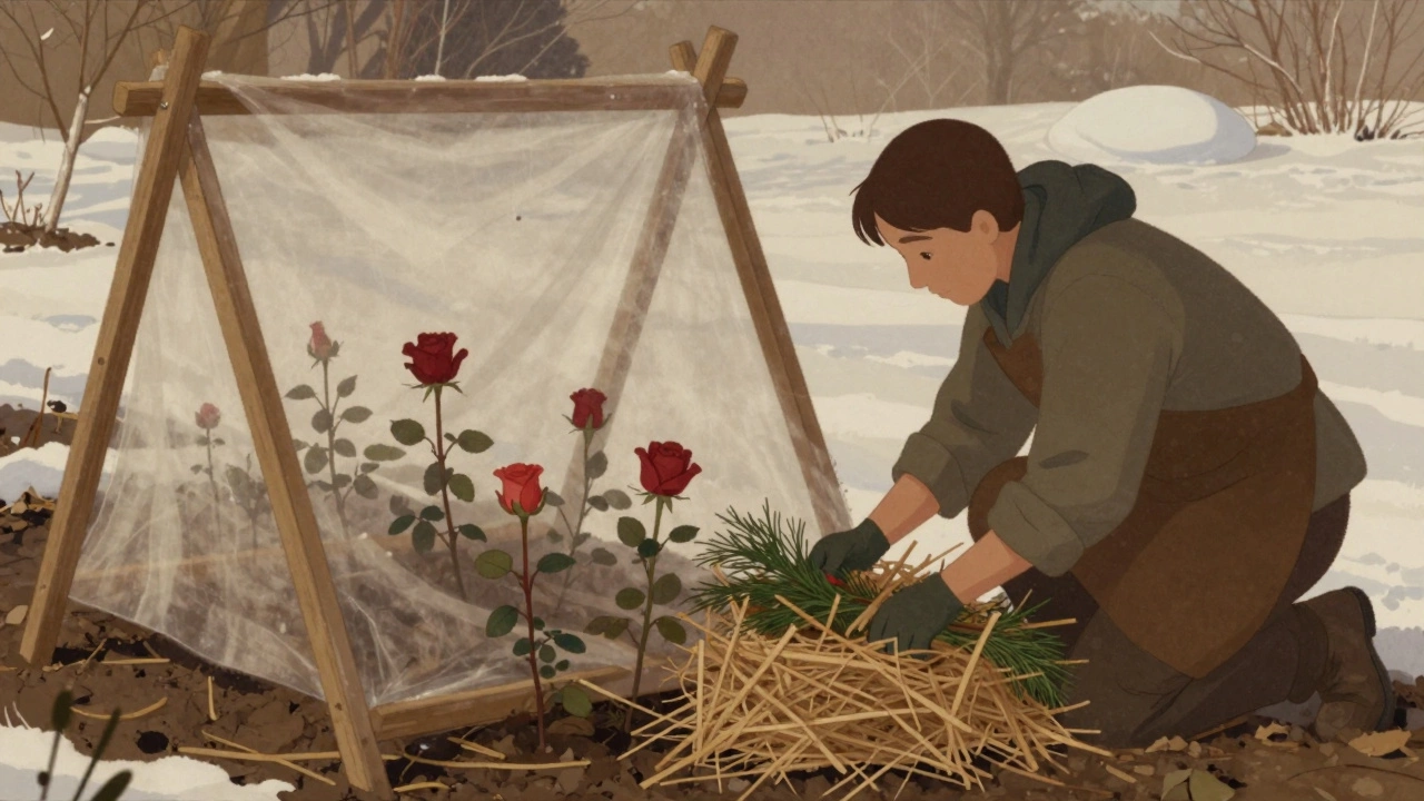 Садовник укрывает розы соломой и лапником, снега нет, почва холодная, над растениями — дышащее укрытие.