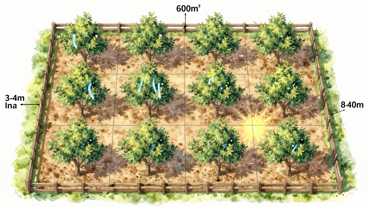 Схема посадки яблонь на участке 6 соток: шахматный порядок, расстояния и отступы от забора обозначены визуально.
