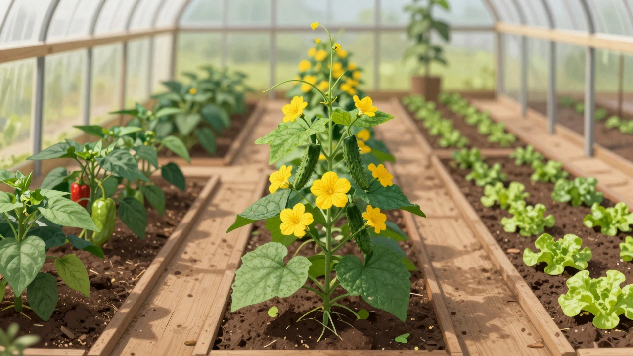 Схема зонирования теплицы: огурцы по центру, перец сбоку, шпинат и салат между рядами.