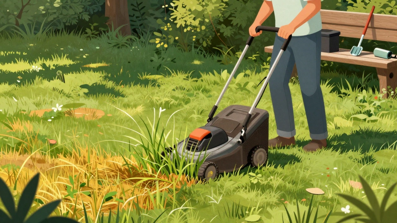 Стрижка газона на высоте 7 см, острое лезвие аккуратно срезает траву, рядом — пожелтевший участок.