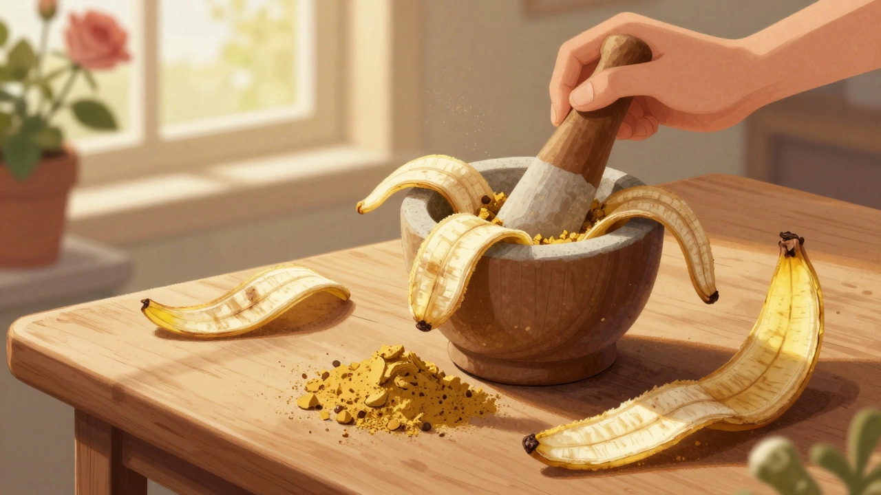 Сушеная банановая кожура растирается в порошок для удобрения.