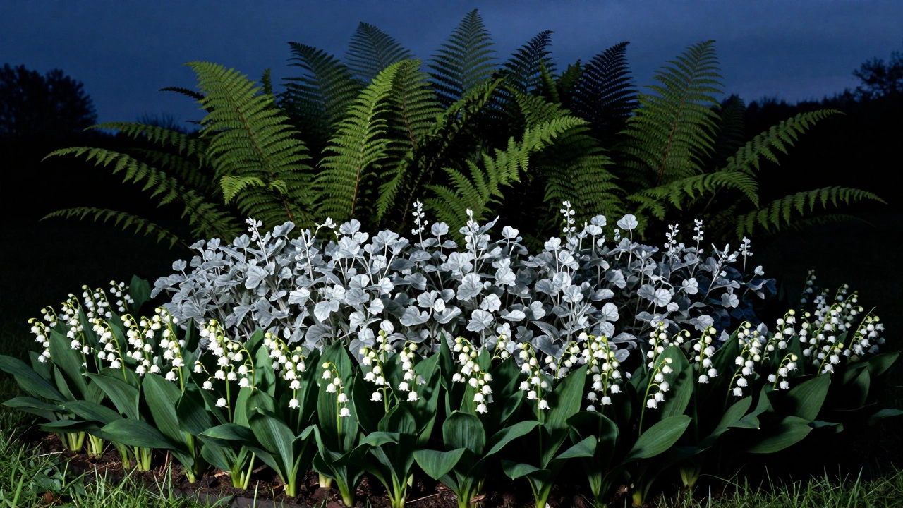 Трехуровневая тенистая клумба с ландышами, бруннерой и папоротниками на закате.
