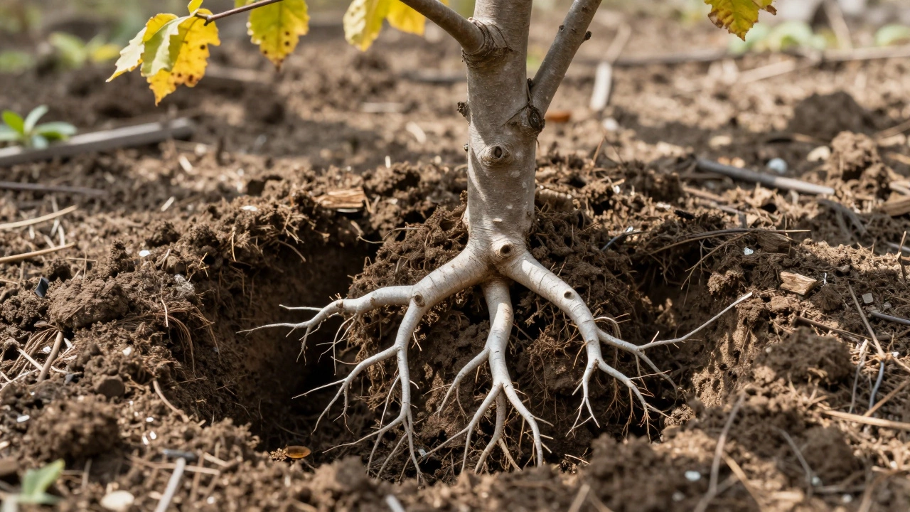 Здоровые корни саженца в рыхлой почве рядом с погибающим деревом.