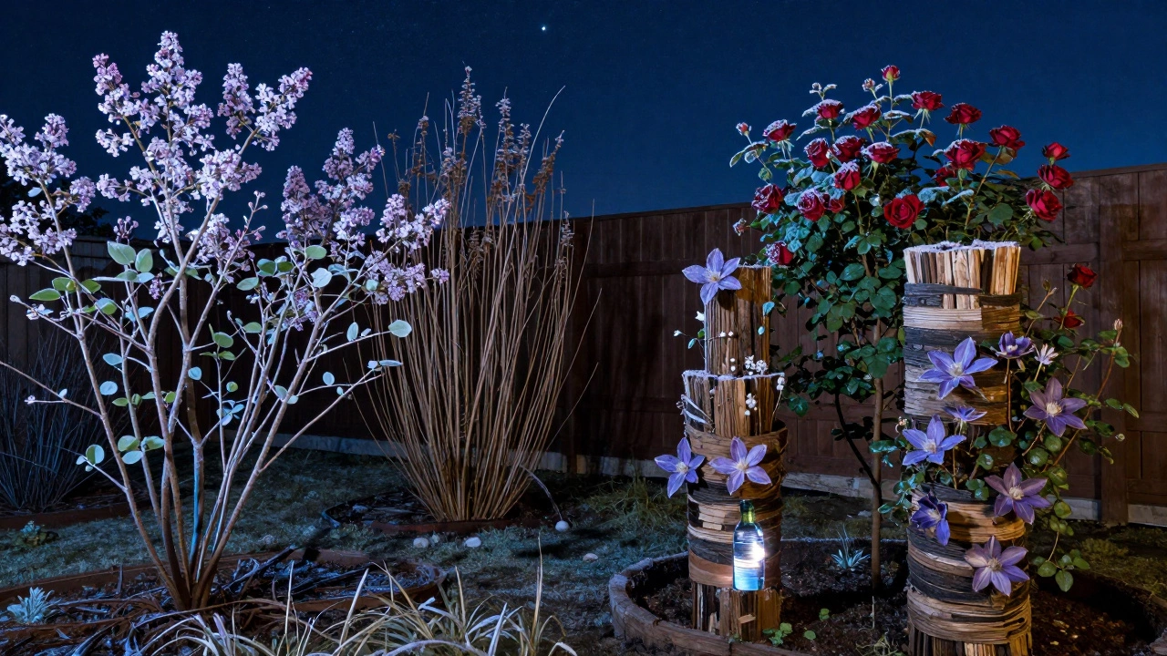 Зимний сад: выносливые растения без укрытия слева, утеплённые — справа, бутылка с водой светится тёплым светом.