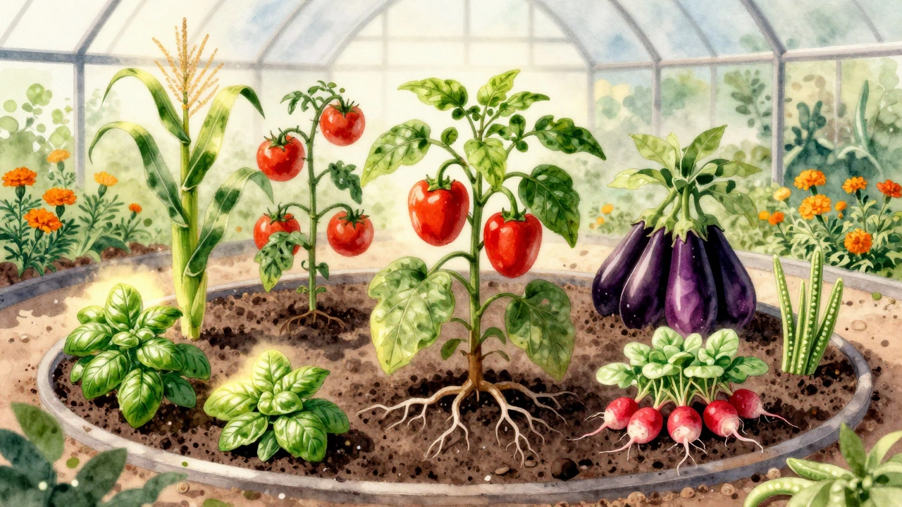 Болгарский перец в центре, окруженный враждебными растениями, в то время как полезные соседи светятся вокруг него.