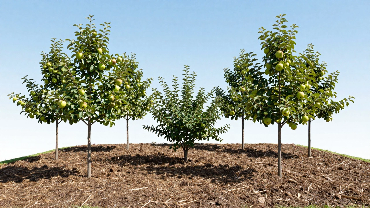 Карликовые яблоня и груша с айвой на маленьком участке, покрытом мульчей.