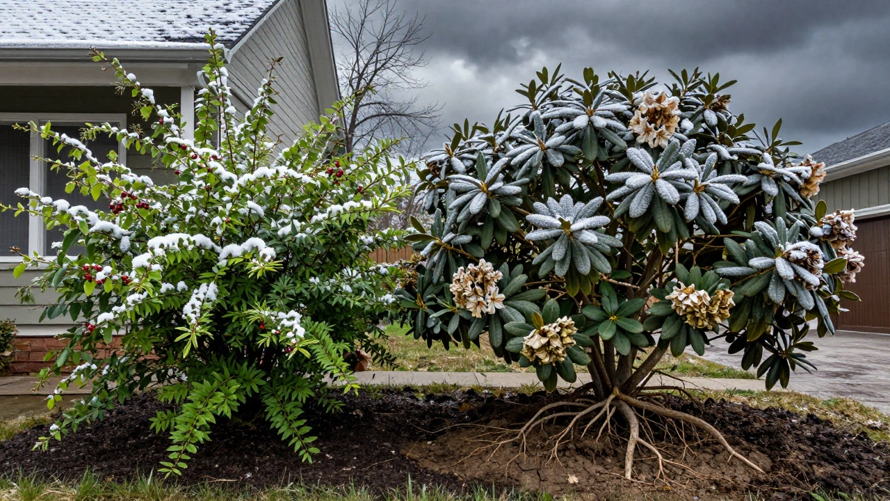 Контраст: здоровые кустарники слева и погибшие справа у дома, зимний пейзаж.
