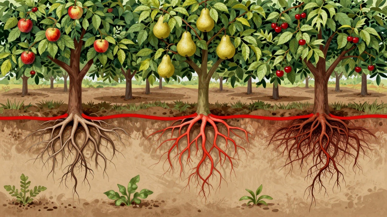 Корневые системы фруктовых деревьев и токсичная зона грецкого ореха под землёй.