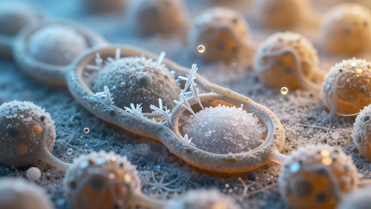 Микроскопический вид клеток растения: ледяные кристаллы и натуральный антифриз внутри тканей.