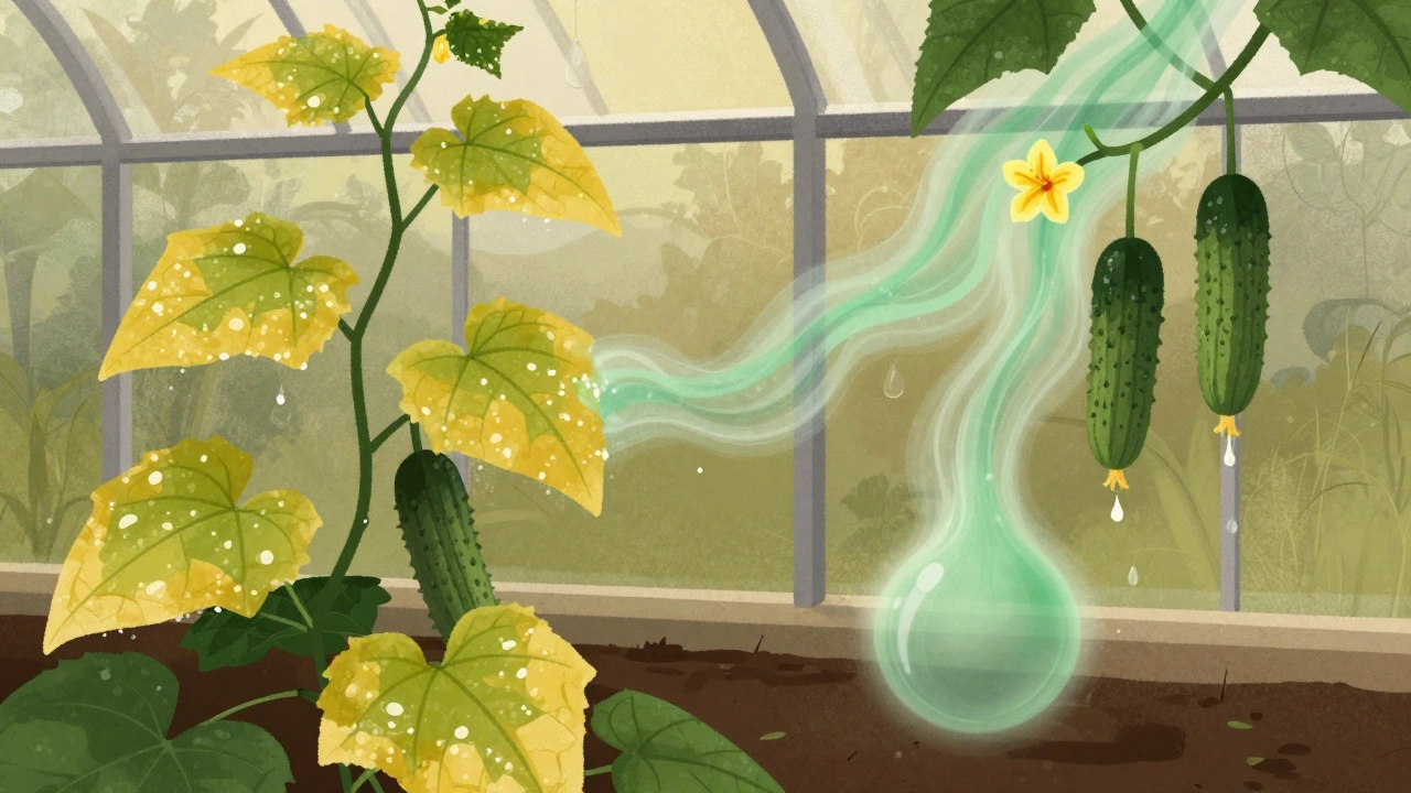 Огурцы перекрывают болгарский перец в теплице, его листья желтеют, цветы опадают под действием этилена.