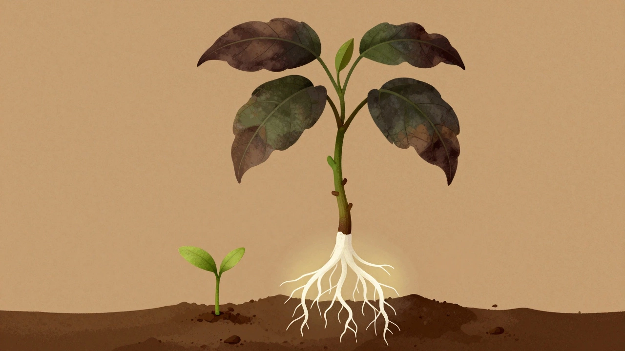 Повреждённое растение с живыми корнями и новым зелёным побегом, символизирующим надежду на восстановление.