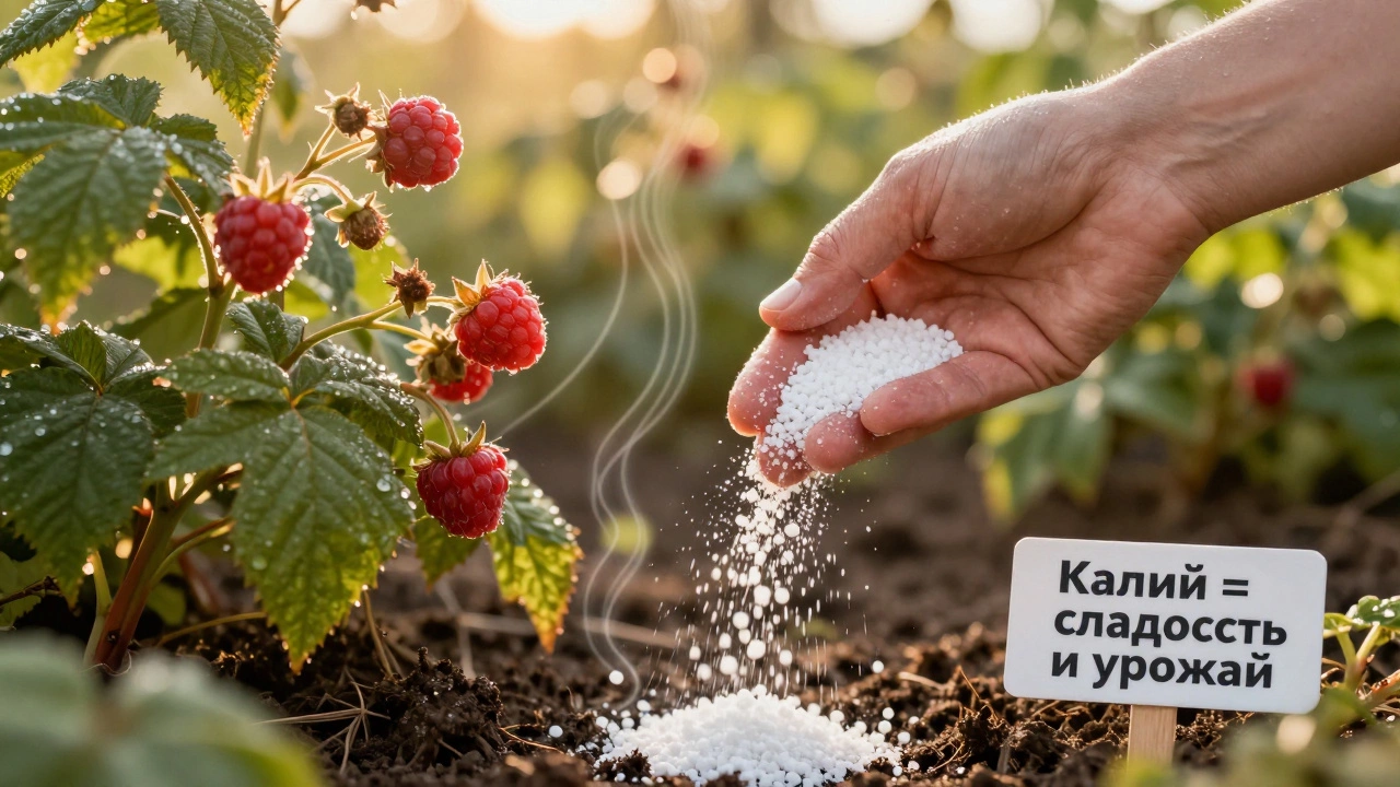 Рука посыпает сульфат калия вокруг малины в июле, ягоды блестят, солнечный свет, почва влажная.