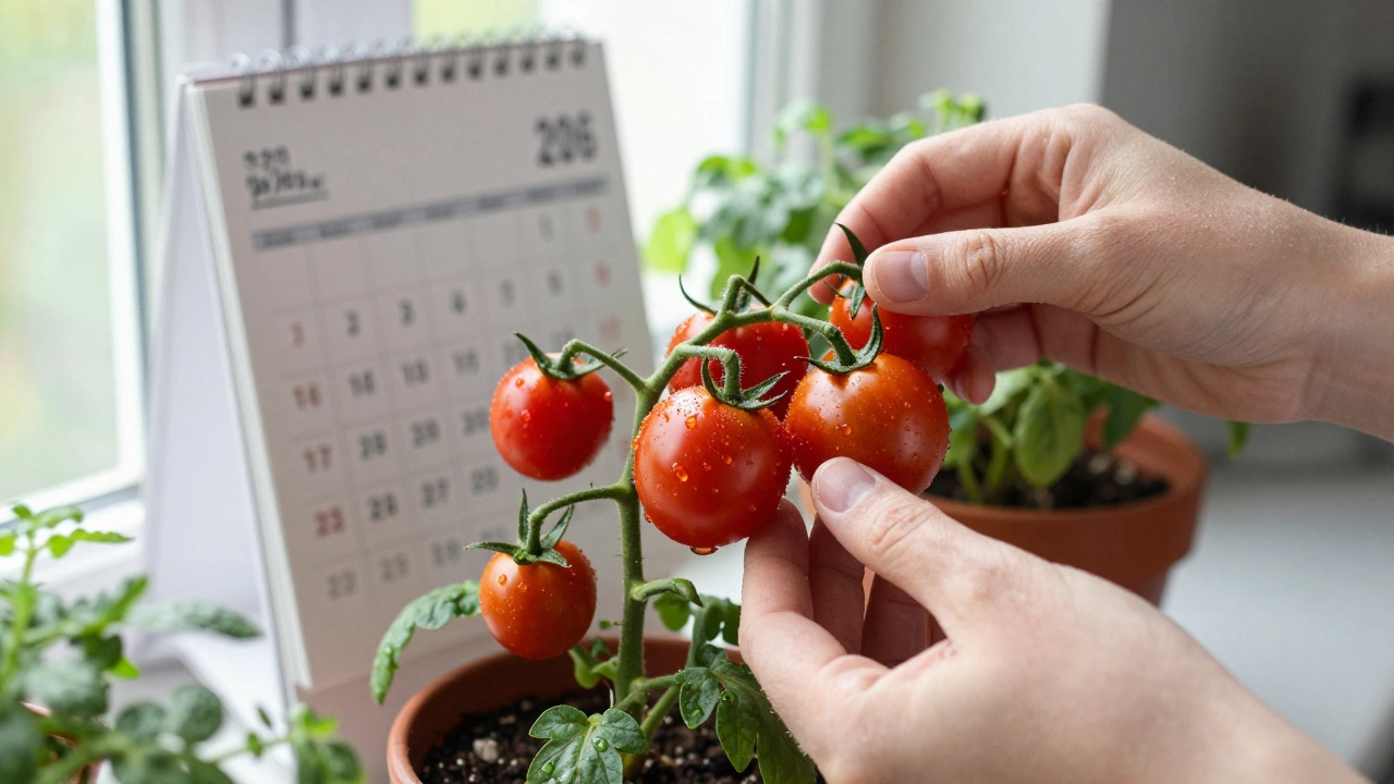 Рука собирает спелые миниатюрные помидоры с растения на подоконнике, рядом видна цена 320 руб./кг.