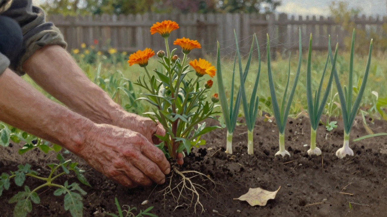 Руки лежат на богатой почве рядом с томатами и календулой, паутина переливается на солнце.