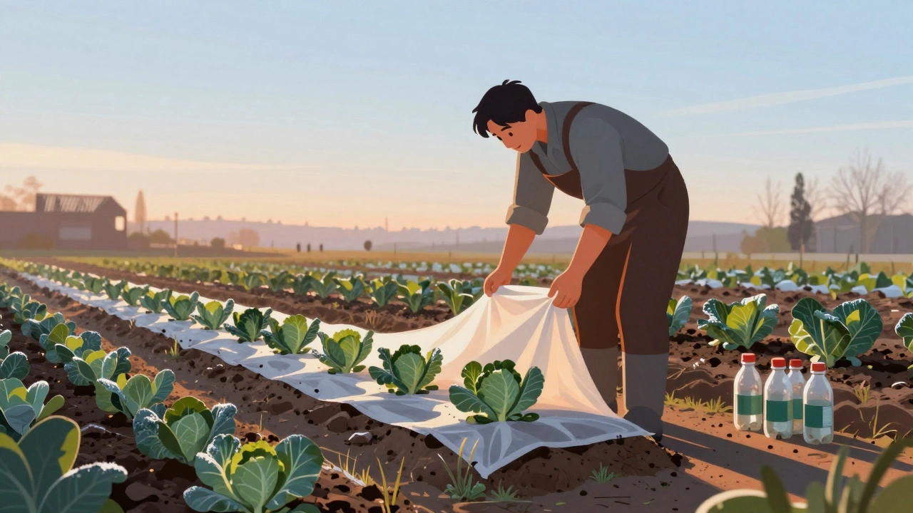 Садовник накрывает капусту нетканым материалом, рядом — бутылки с водой, согревающие растения.